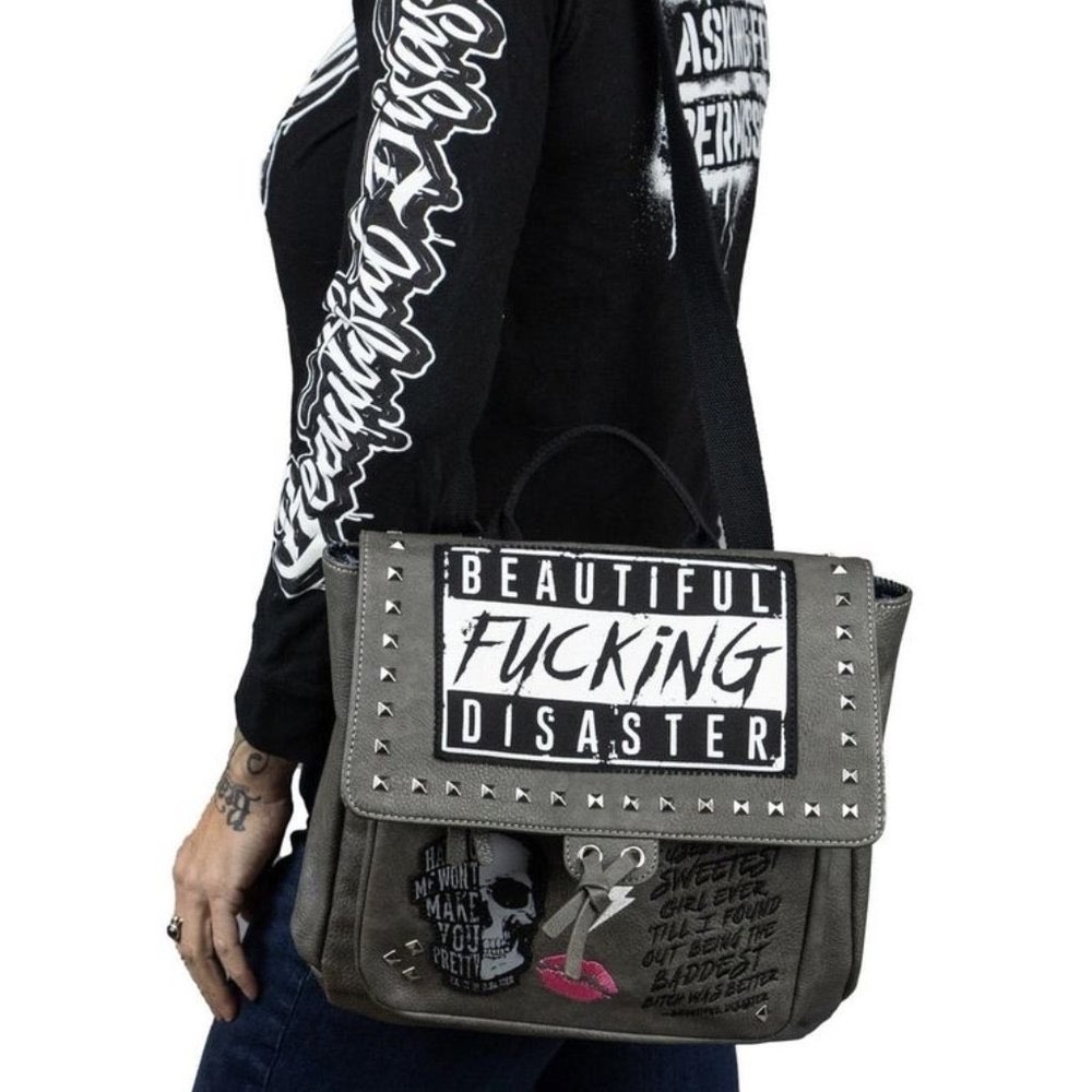 Beautiful Disaster Grey Studded Convertible Backpack Crossbody Bag Skull Punk - Picture 2 of 16